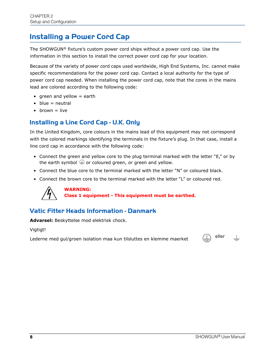 Installing a power cord cap, Installing a line cord cap - u.k. only, Vatic fitter heads information - danmark | High End Systems SHOWGUN User Manual | Page 20 / 76