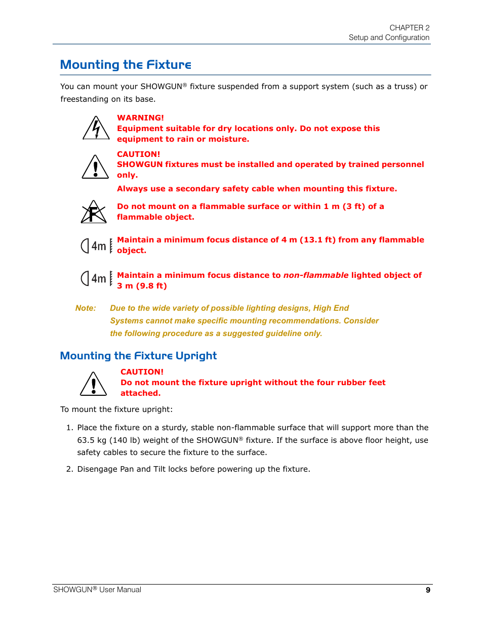 Mounting the fixture, Mounting the fixture upright | High End Systems SHOWGUN User Manual | Page 21 / 76