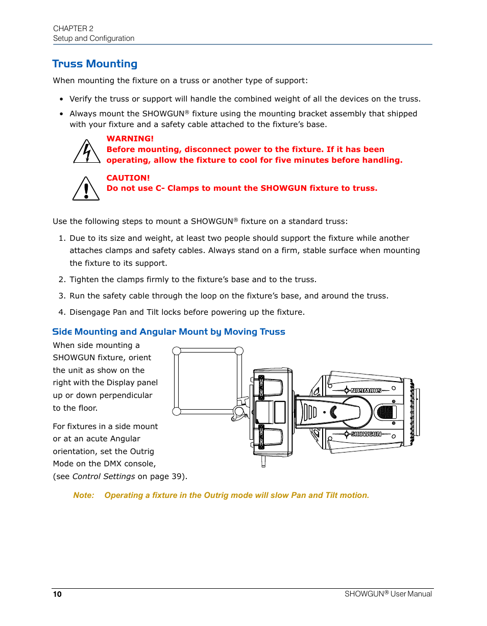 Truss mounting, Side mounting and angular mount by moving truss | High End Systems SHOWGUN User Manual | Page 22 / 76