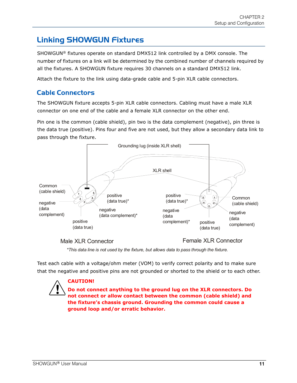 Linking showgun fixtures, Cable connectors, Male xlr connector female xlr connector | High End Systems SHOWGUN User Manual | Page 23 / 76