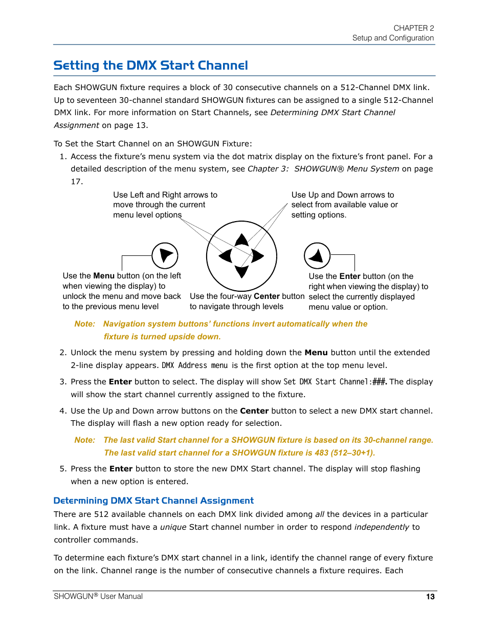 Setting the dmx start channel, Determining dmx start channel assignment | High End Systems SHOWGUN User Manual | Page 25 / 76