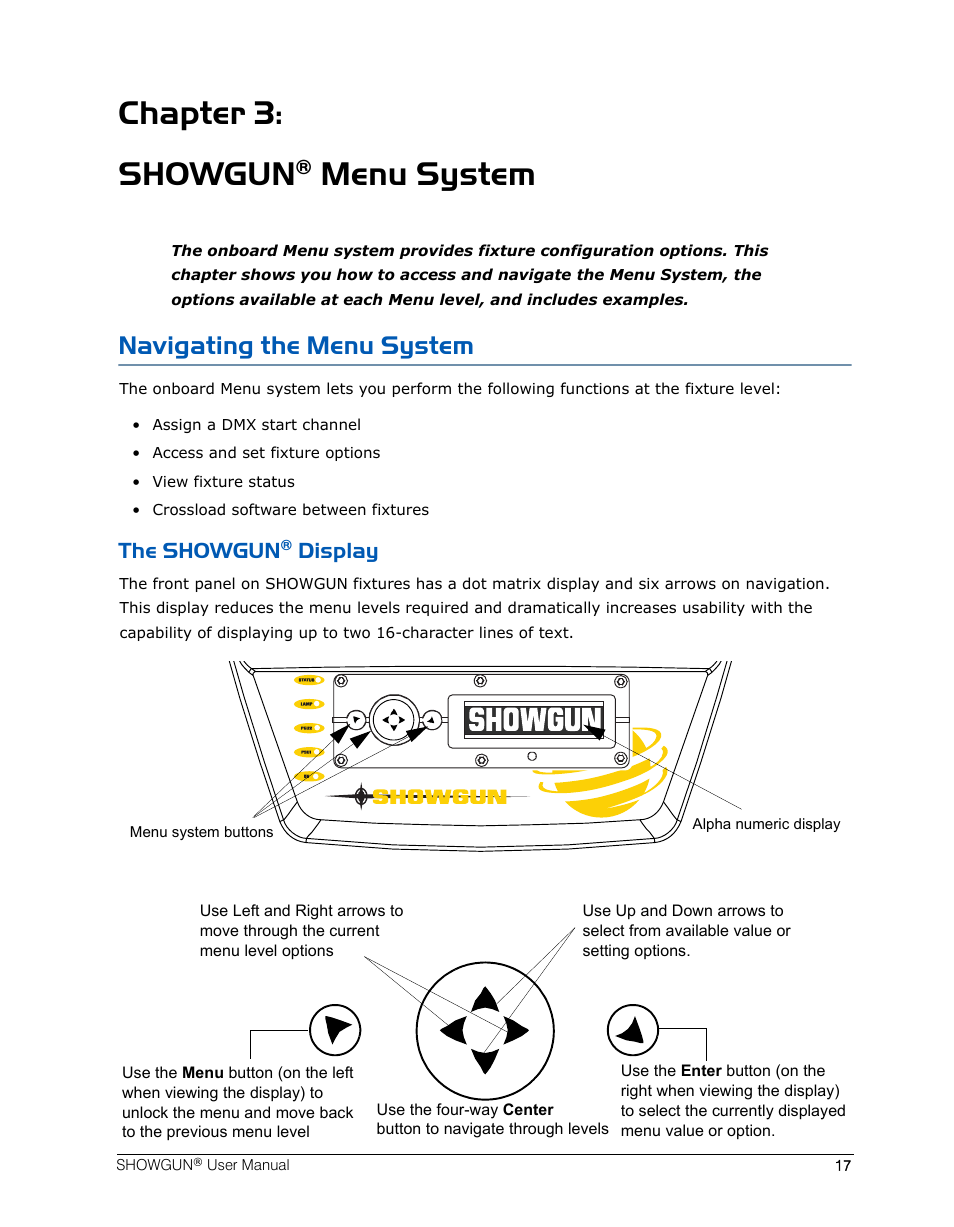 Chapter 3: showgun® menu system, Navigating the menu system, The showgun® display | Chapter 3: showgun, Menu system, The showgun, Display | High End Systems SHOWGUN User Manual | Page 29 / 76