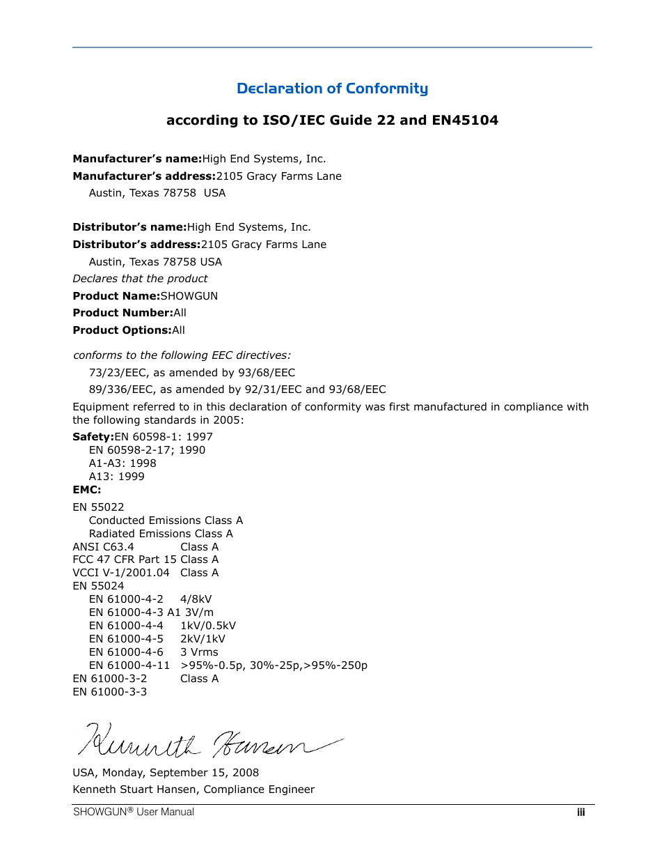 Declaration of conformity | High End Systems SHOWGUN User Manual | Page 3 / 76