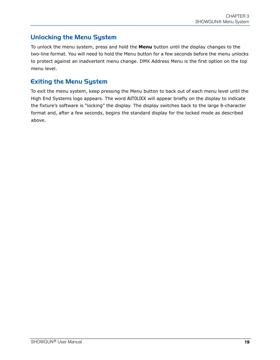 Unlocking the menu system, Exiting the menu system, Unlocking the menu system exiting the menu system | High End Systems SHOWGUN User Manual | Page 31 / 76