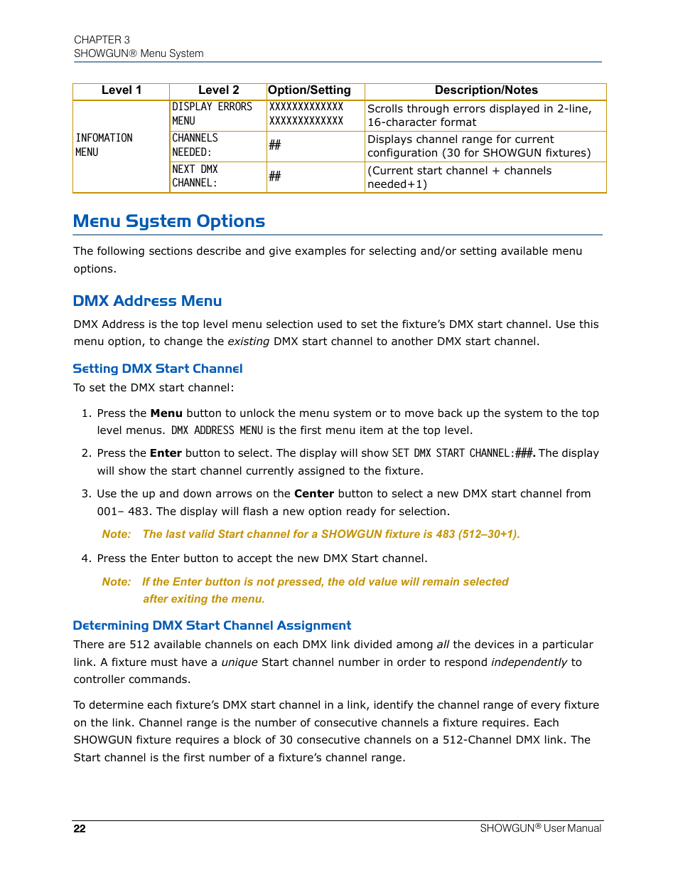 Menu system options, Dmx address menu, Setting dmx start channel | Determining dmx start channel assignment | High End Systems SHOWGUN User Manual | Page 34 / 76