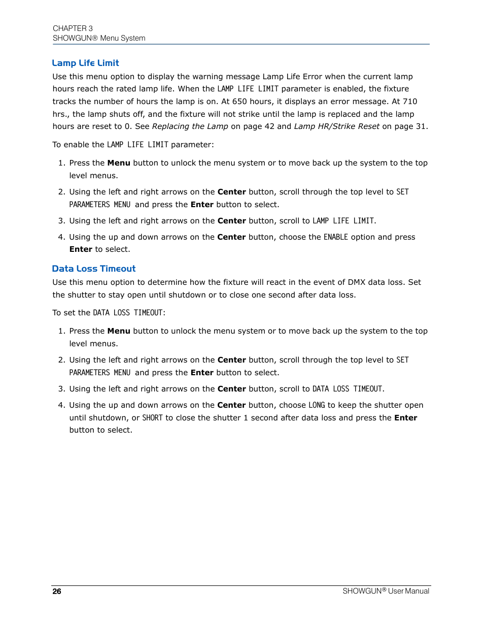 Lamp life limit, Data loss timeout, Lamp life limit data loss timeout | High End Systems SHOWGUN User Manual | Page 38 / 76