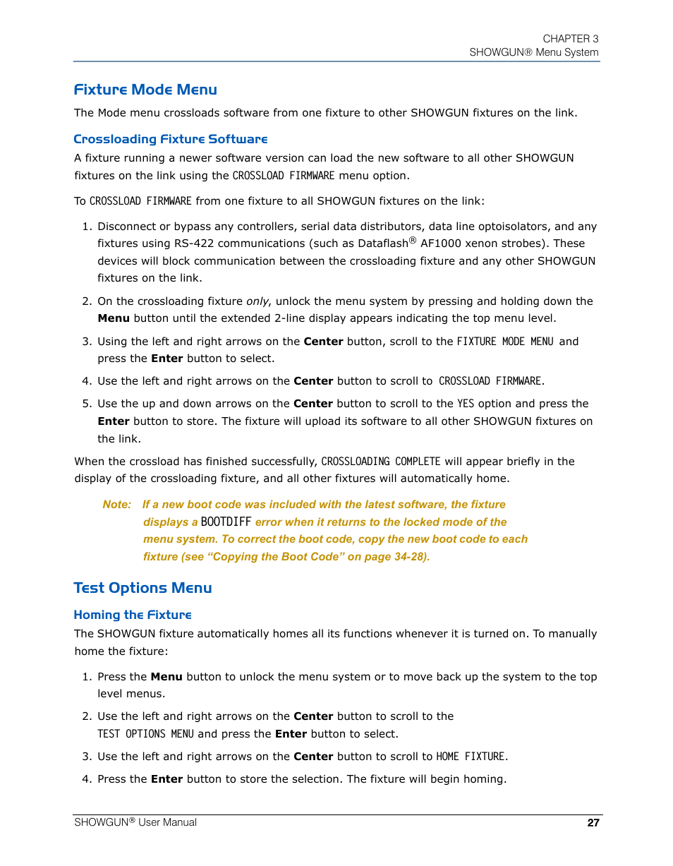 Fixture mode menu, Crossloading fixture software, Test options menu | Homing the fixture | High End Systems SHOWGUN User Manual | Page 39 / 76