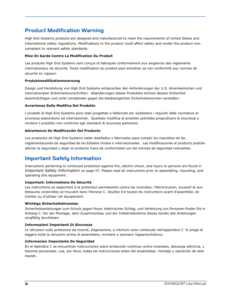 Product modification warning, Important safety information | High End Systems SHOWGUN User Manual | Page 4 / 76