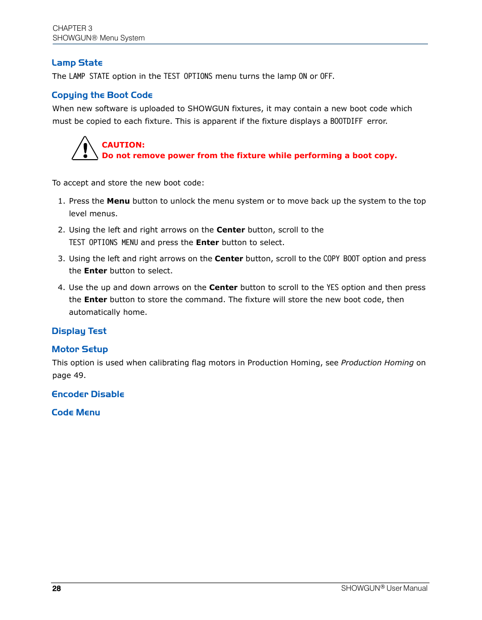Lamp state, Copying the boot code, Display test | Motor setup, Encoder disable, Code menu | High End Systems SHOWGUN User Manual | Page 40 / 76
