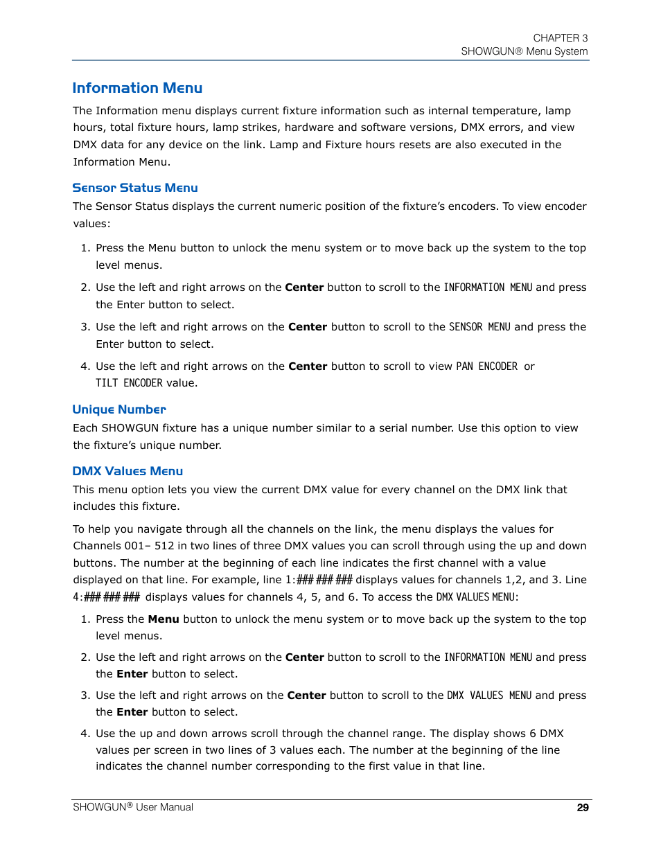 Information menu, Sensor status menu, Unique number | Dmx values menu, Sensor status menu unique number dmx values menu | High End Systems SHOWGUN User Manual | Page 41 / 76