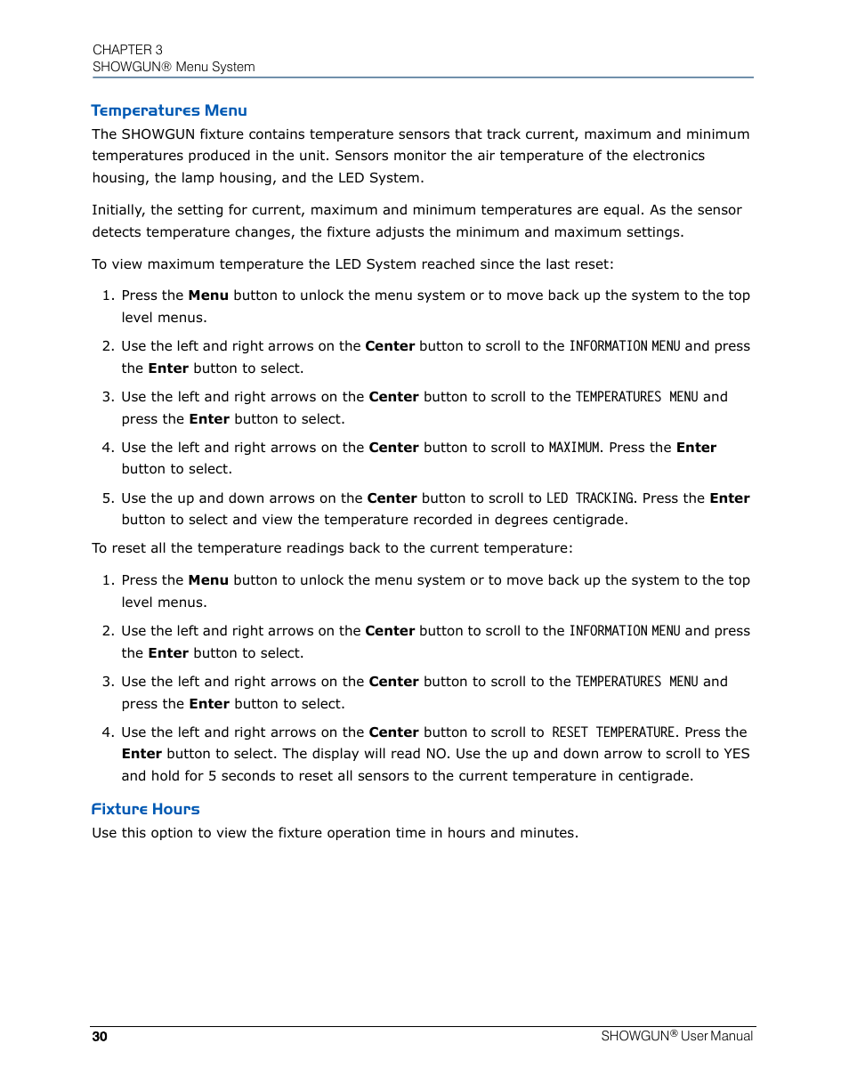 Temperatures menu, Fixture hours, Temperatures menu fixture hours | High End Systems SHOWGUN User Manual | Page 42 / 76