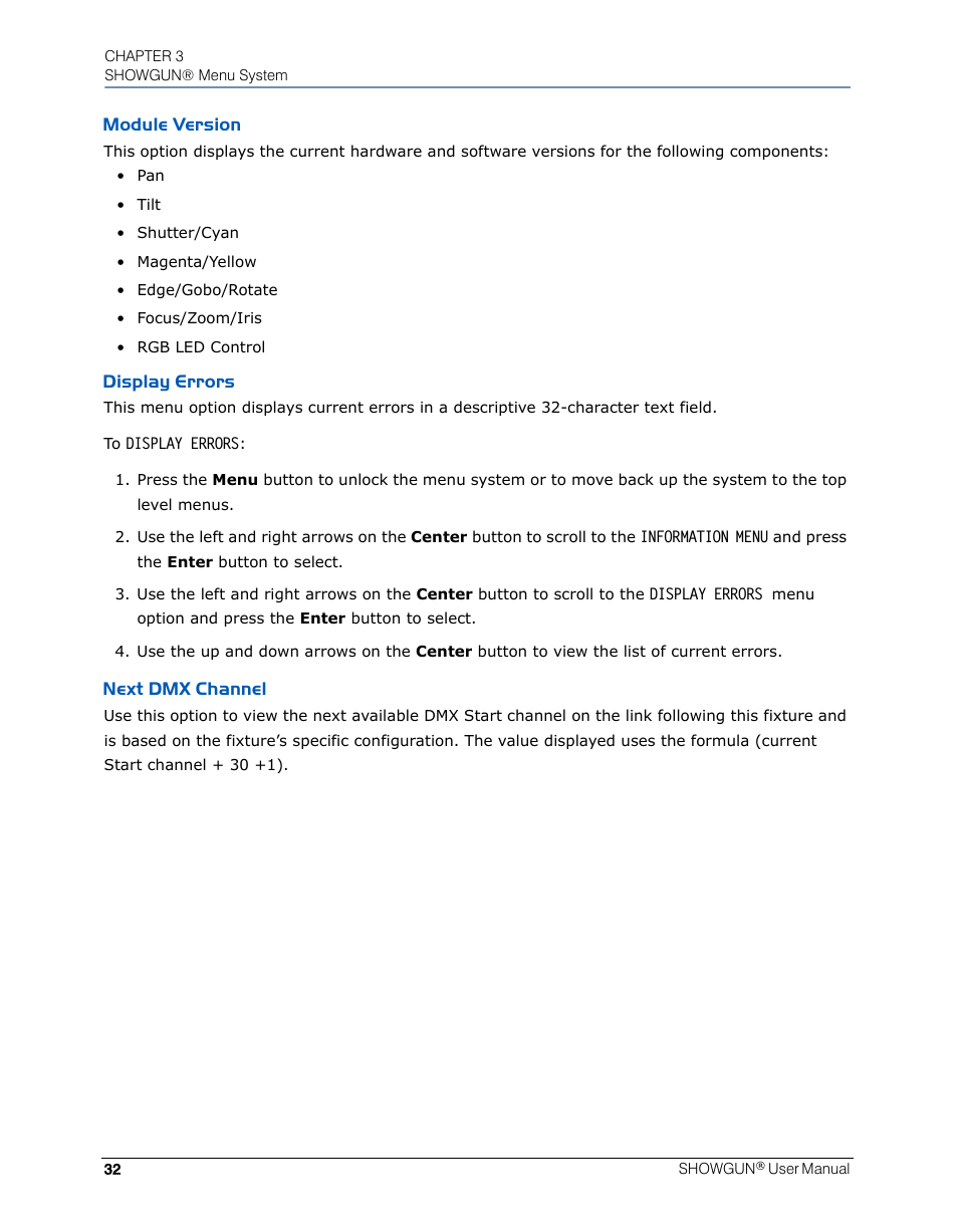 Module version, Display errors, Next dmx channel | Module version display errors next dmx channel | High End Systems SHOWGUN User Manual | Page 44 / 76