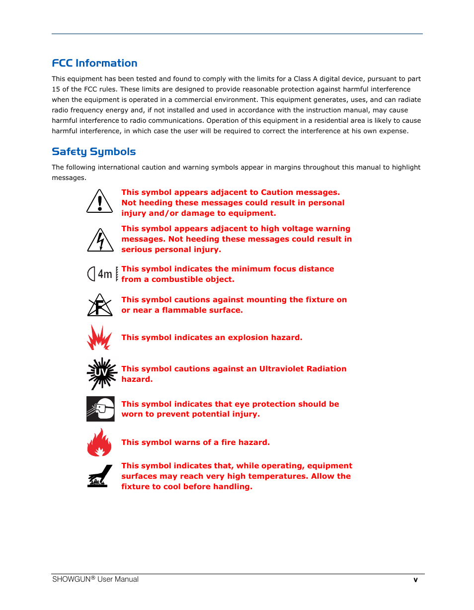 Fcc information, Safety symbols | High End Systems SHOWGUN User Manual | Page 5 / 76