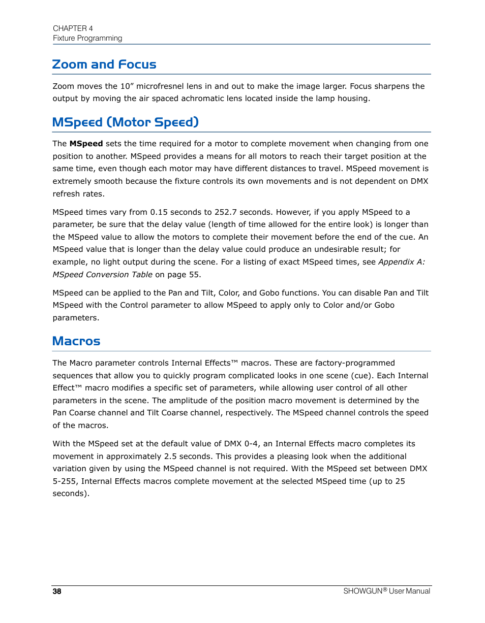 Zoom and focus, Mspeed (motor speed), Macros | Zoom and focus mspeed (motor speed) macros | High End Systems SHOWGUN User Manual | Page 50 / 76
