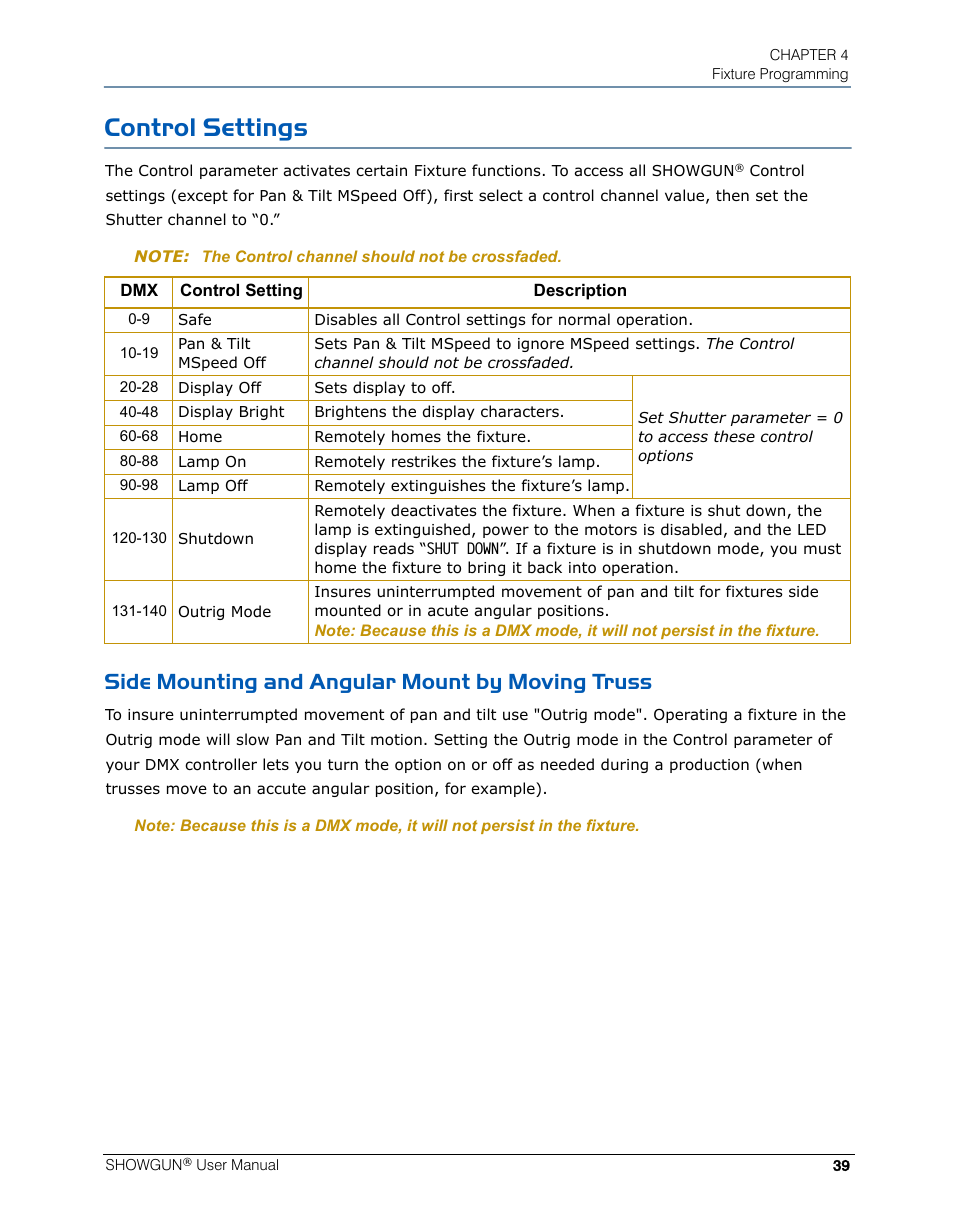 Control settings, Side mounting and angular mount by moving truss | High End Systems SHOWGUN User Manual | Page 51 / 76