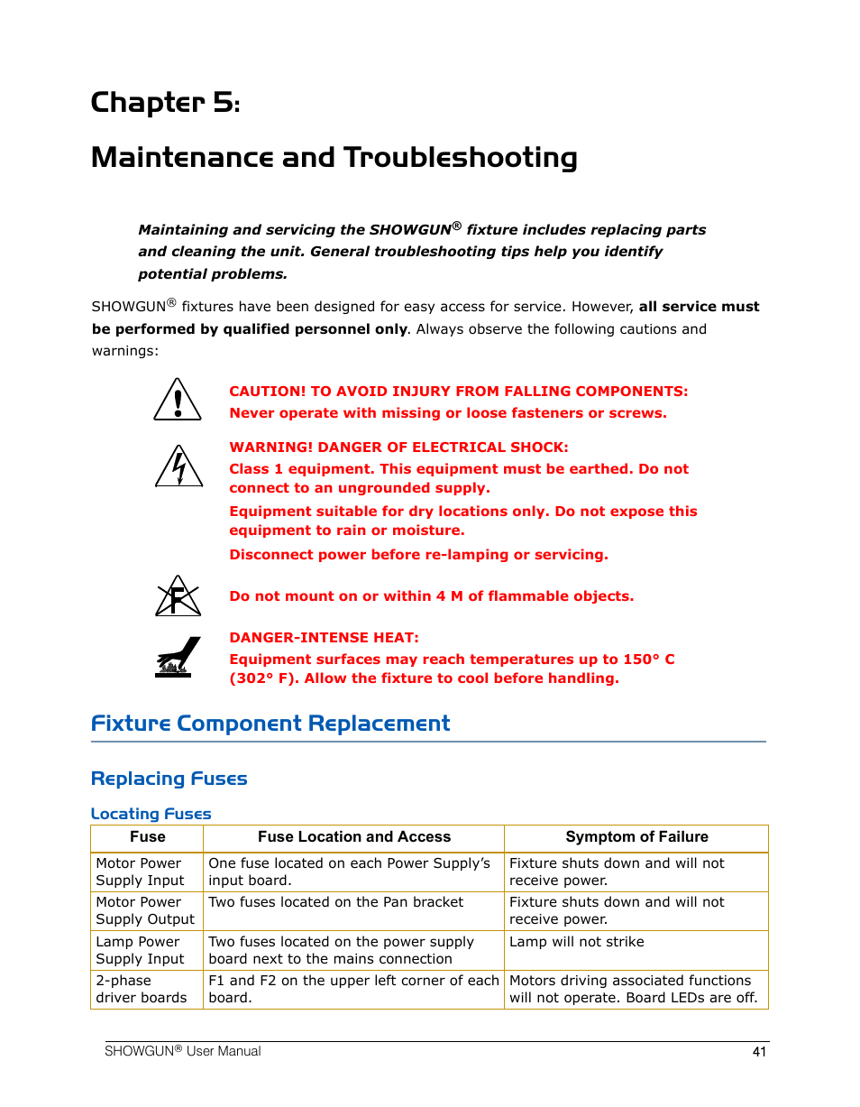 Chapter 5: maintenance and troubleshooting, Fixture component replacement, Replacing fuses | Locating fuses | High End Systems SHOWGUN User Manual | Page 53 / 76