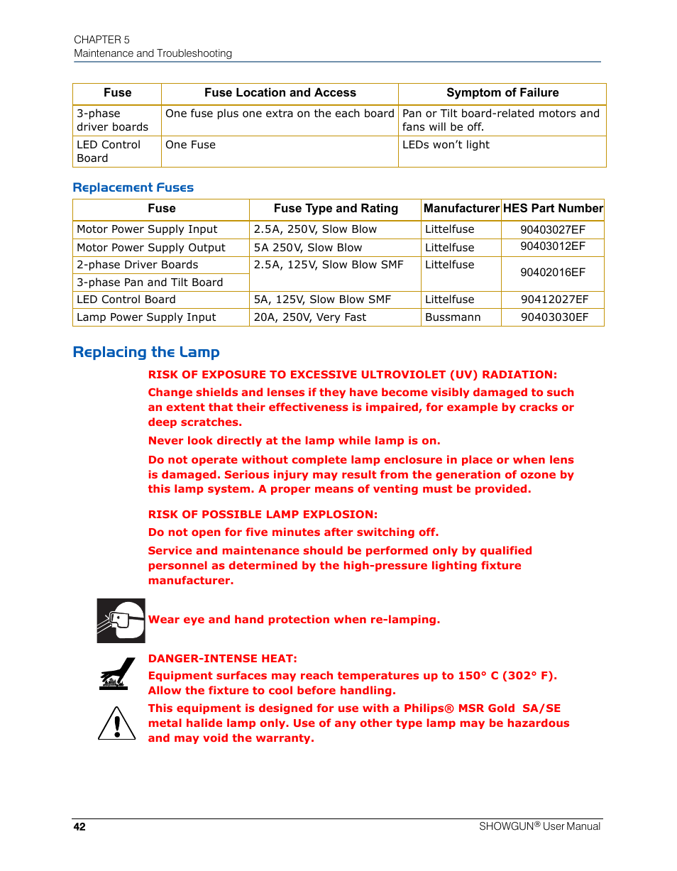 Replacement fuses, Replacing the lamp | High End Systems SHOWGUN User Manual | Page 54 / 76