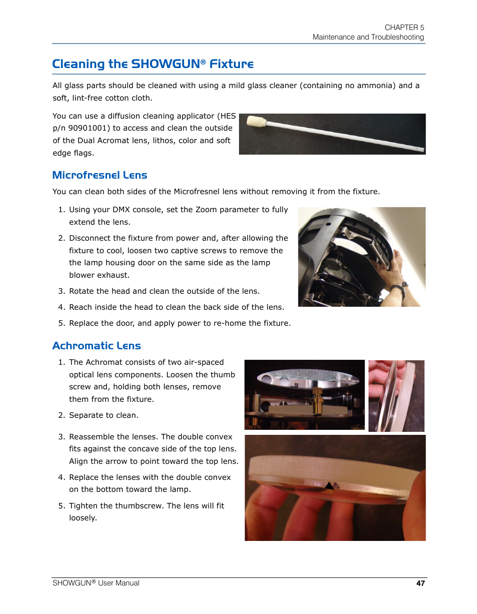 Cleaning the showgun® fixture, Microfresnel lens, Achromatic lens | Microfresnel lens achromatic lens, Cleaning the showgun, Fixture | High End Systems SHOWGUN User Manual | Page 59 / 76