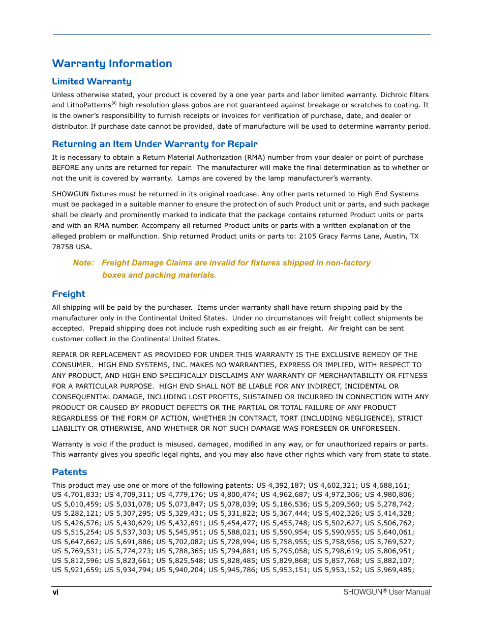 Warranty information, Limited warranty, Returning an item under warranty for repair | Freight, Patents | High End Systems SHOWGUN User Manual | Page 6 / 76