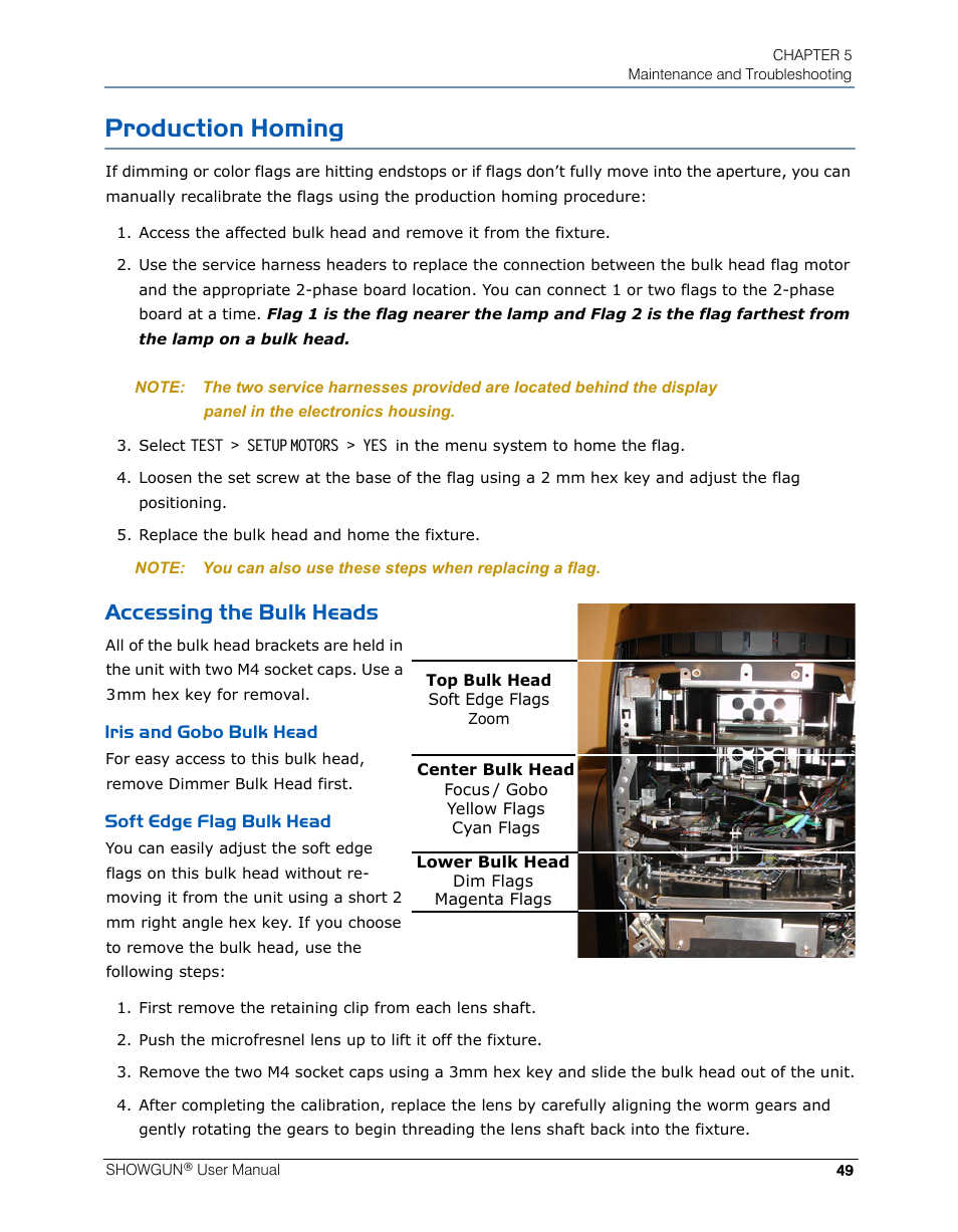 Production homing, Accessing the bulk heads, Iris and gobo bulk head | Soft edge flag bulk head, Iris and gobo bulk head soft edge flag bulk head | High End Systems SHOWGUN User Manual | Page 61 / 76