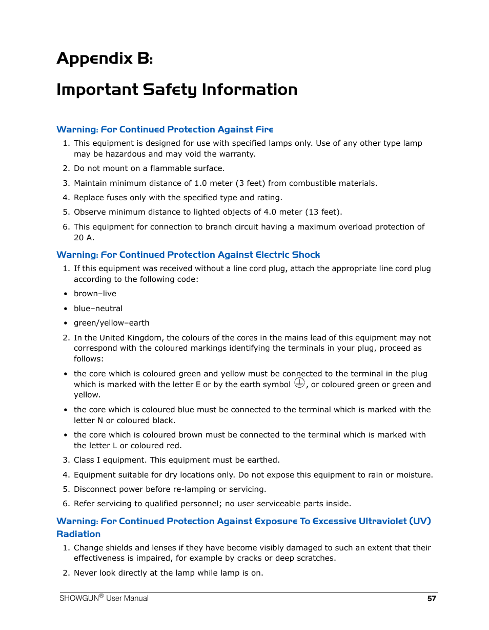 Warning: for continued protection against fire, Appendix b: important safety information | High End Systems SHOWGUN User Manual | Page 69 / 76