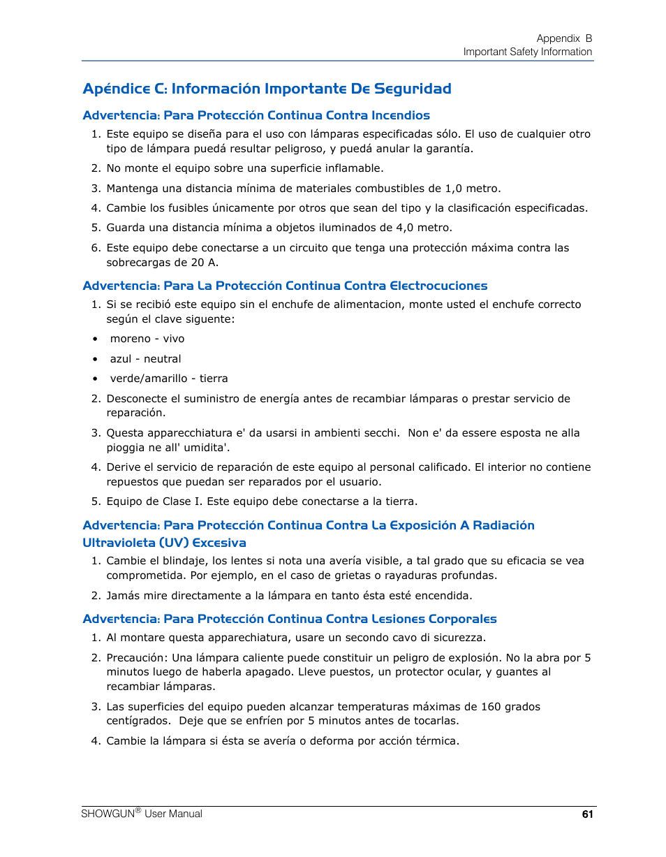 Apéndice c: información importante de seguridad, Apéndice b: información importante de seguridad | High End Systems SHOWGUN User Manual | Page 73 / 76