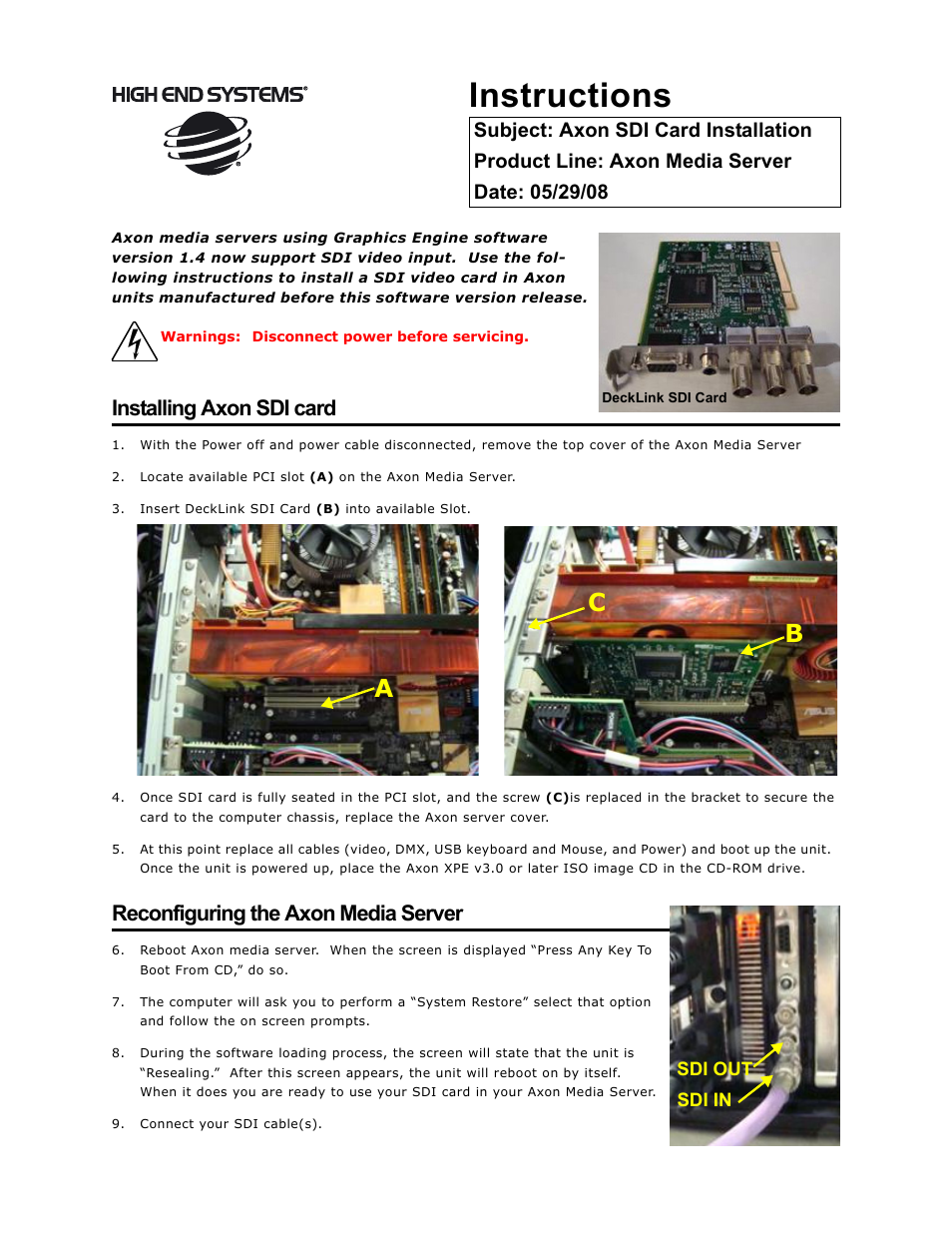 High End Systems Axon SDI Card User Manual | 1 page