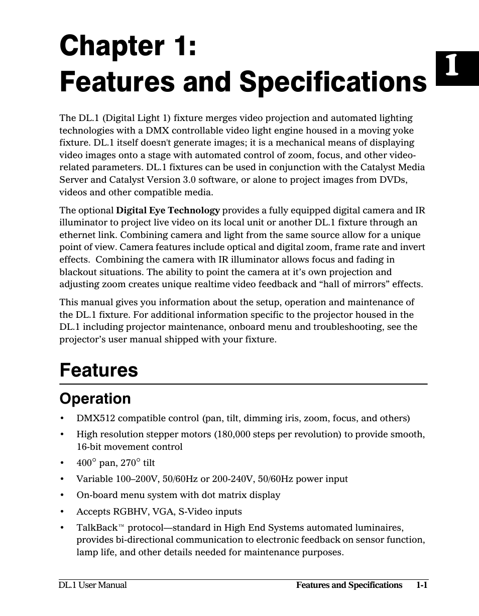 Chapter 1: features and specifications, Features, Operation | Features and specifications, Features -1, Operation -1 | High End Systems DL1 User Manual | Page 15 / 82