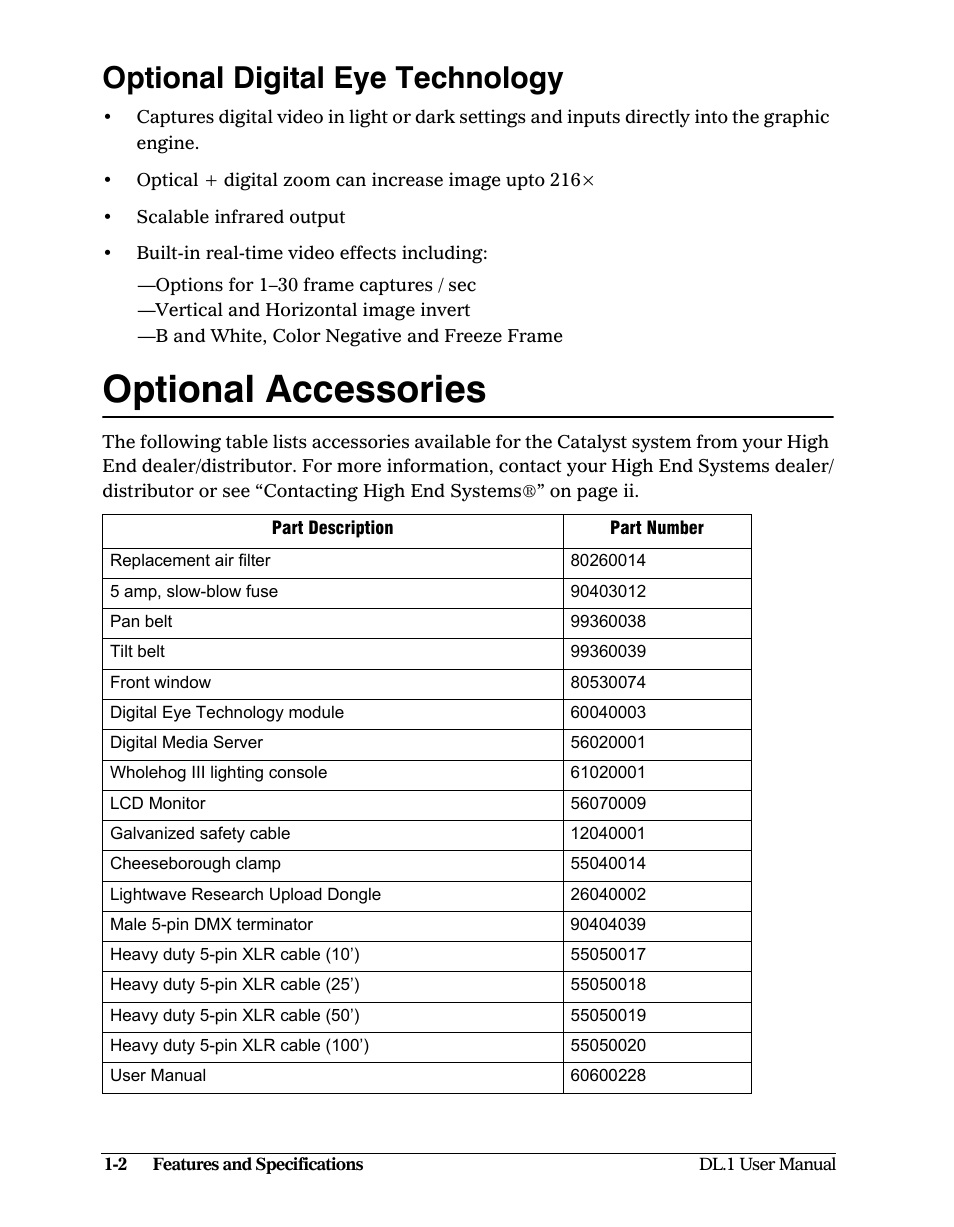 Optional digital eye technology, Optional accessories, Optional digital eye technology -2 | Optional accessories -2 | High End Systems DL1 User Manual | Page 16 / 82