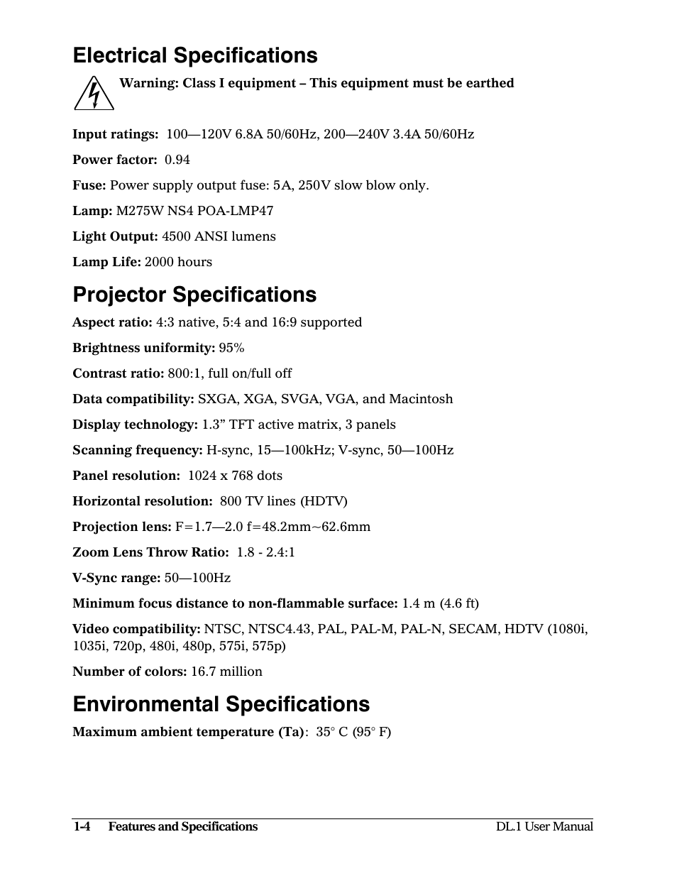 Electrical specifications, Projector specifications, Environmental specifications | High End Systems DL1 User Manual | Page 18 / 82