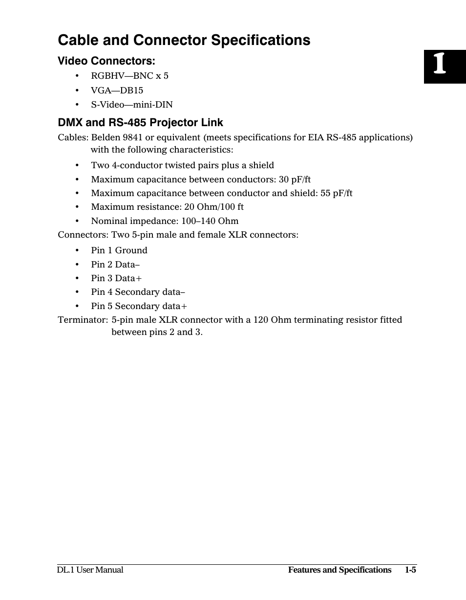Cable and connector specifications, Video connectors, Dmx and rs-485 projector link | Cable and connector specifications -5 | High End Systems DL1 User Manual | Page 19 / 82