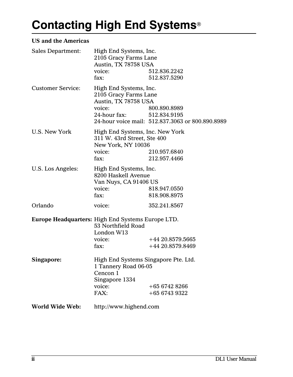 Contacting high end systems | High End Systems DL1 User Manual | Page 2 / 82