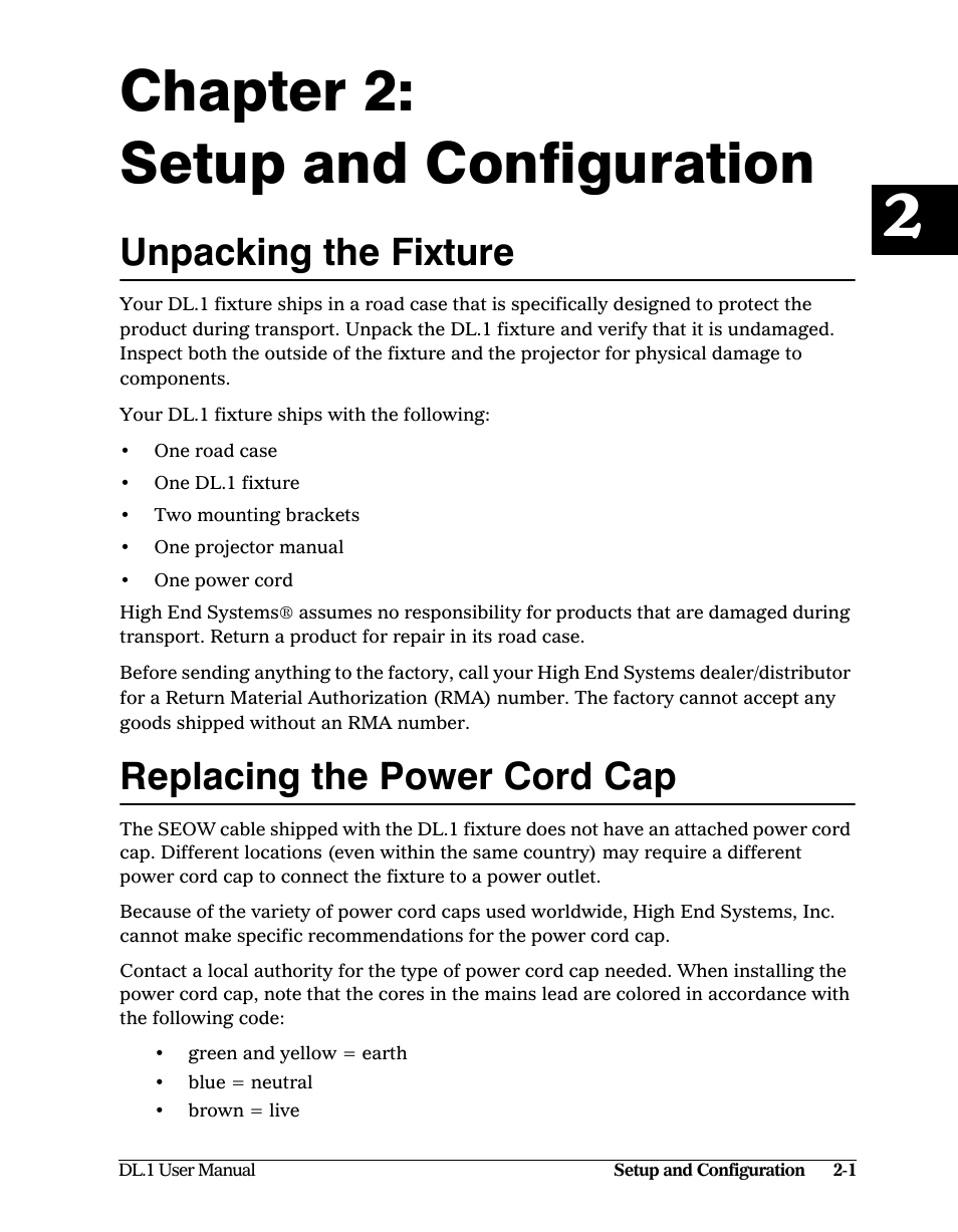 Chapter 2: setup and configuration, Unpacking the fixture, Replacing the power cord cap | Chapter 2, Setup and configuration | High End Systems DL1 User Manual | Page 21 / 82