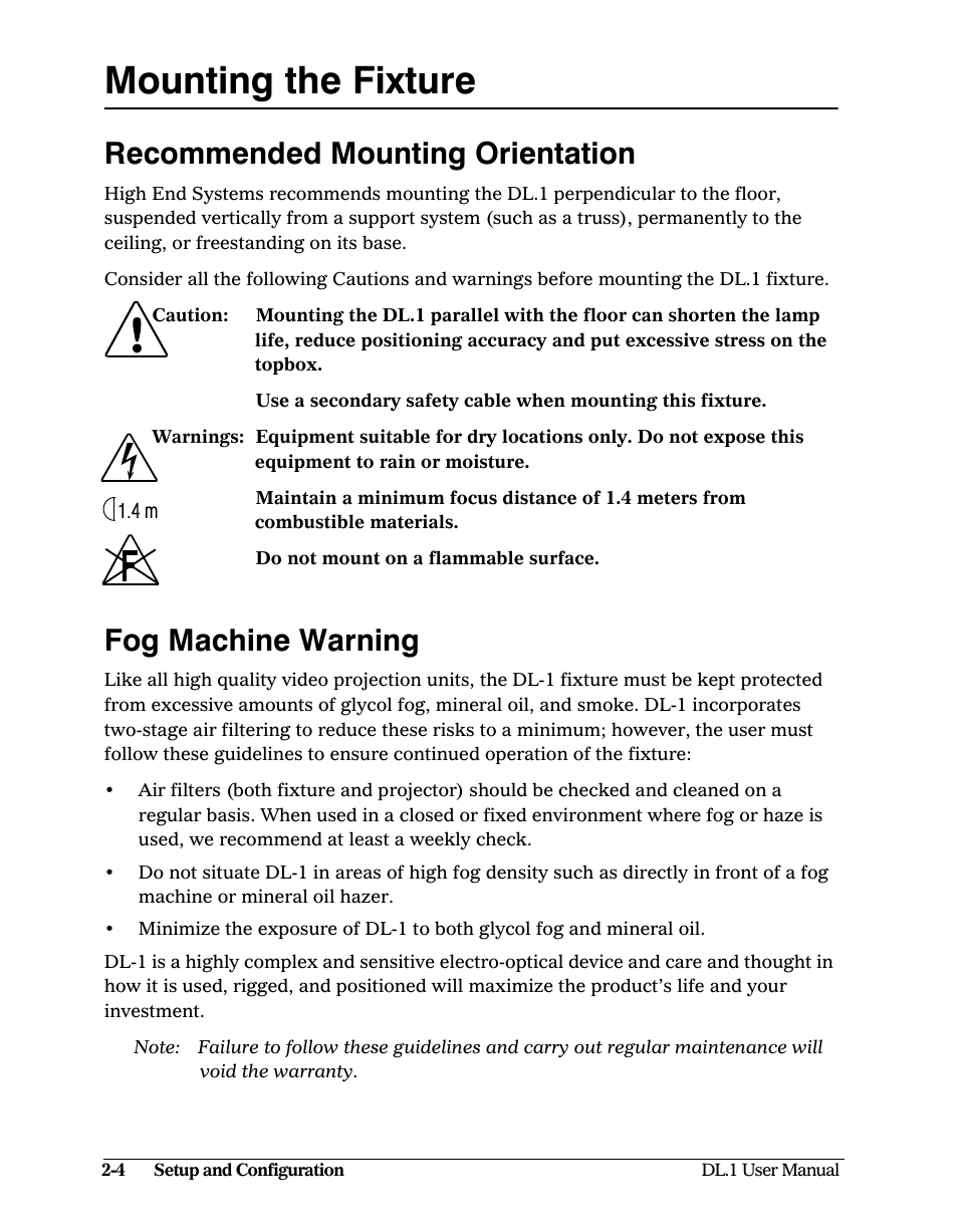 Mounting the fixture, Recommended mounting orientation, Fog machine warning | Mounting the fixture -4 | High End Systems DL1 User Manual | Page 24 / 82