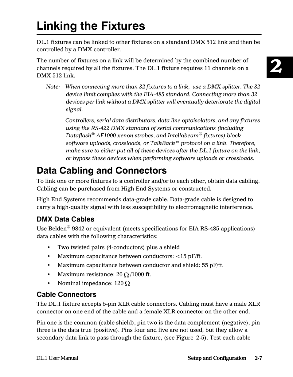 Linking the fixtures, Data cabling and connectors, Dmx data cables | Cable connectors, Linking the fixtures -7, Data cabling and connectors -7, Dmx data cables -7 cable connectors -7 | High End Systems DL1 User Manual | Page 27 / 82