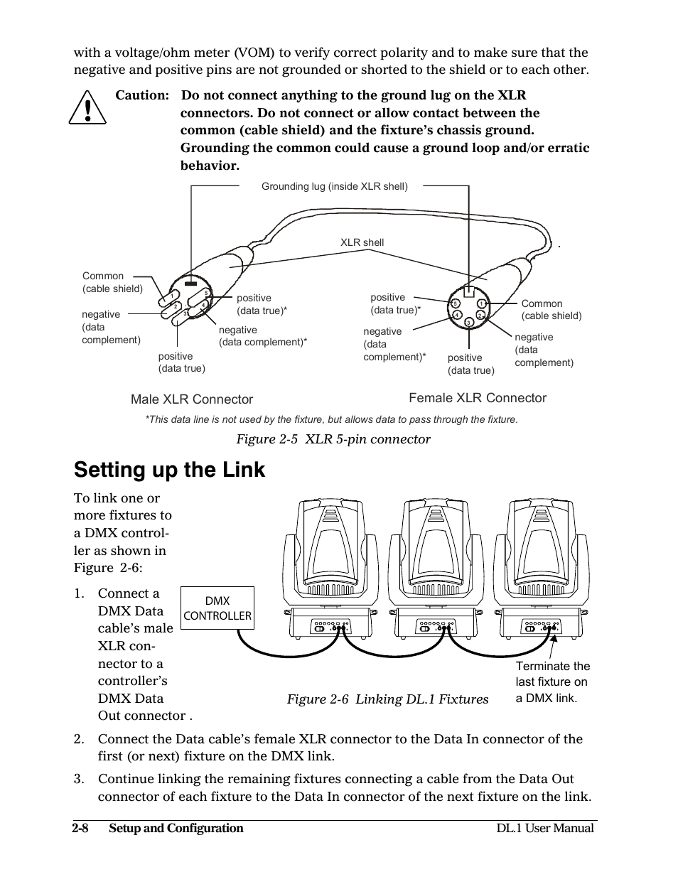 Setting up the link, Setting up the link -8, Male xlr connector female xlr connector | High End Systems DL1 User Manual | Page 28 / 82