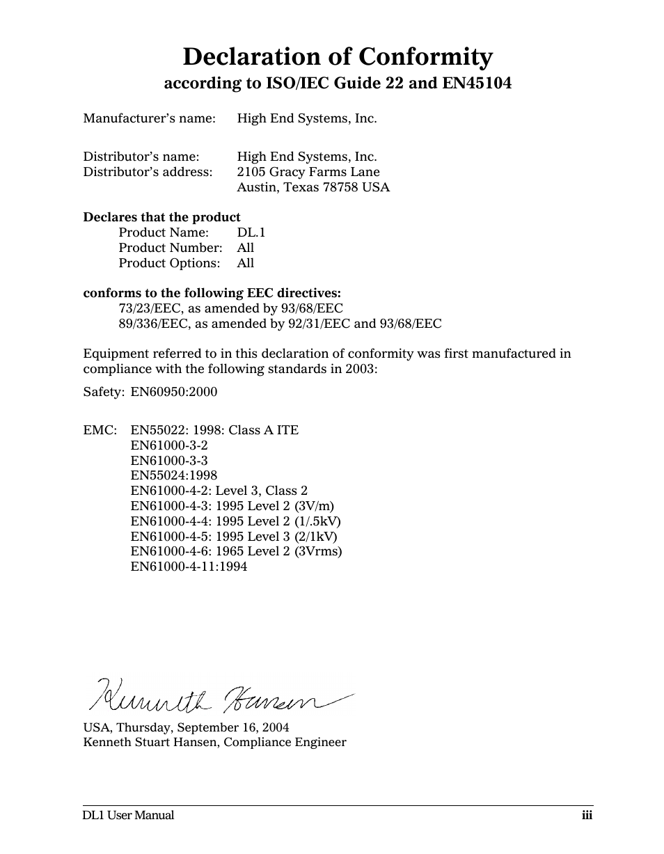 Declaration of conformity | High End Systems DL1 User Manual | Page 3 / 82