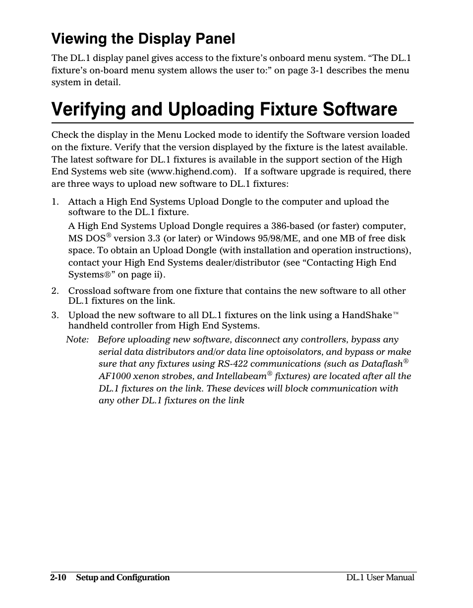 Viewing the display panel, Verifying and uploading fixture software, Viewing the display panel -10 | Verifying and uploading fixture software -10 | High End Systems DL1 User Manual | Page 30 / 82