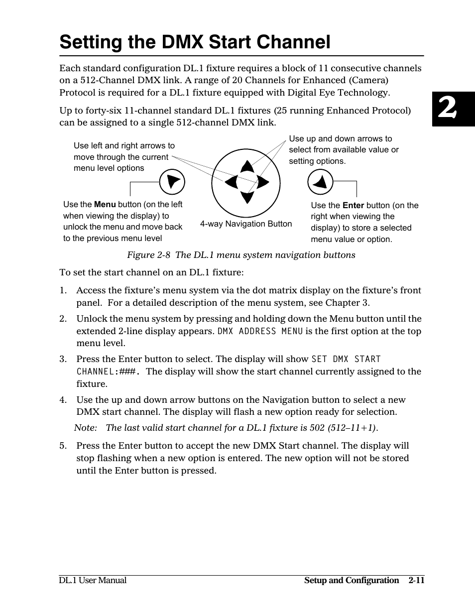Setting the dmx start channel, Setting the dmx start channel -11 | High End Systems DL1 User Manual | Page 31 / 82