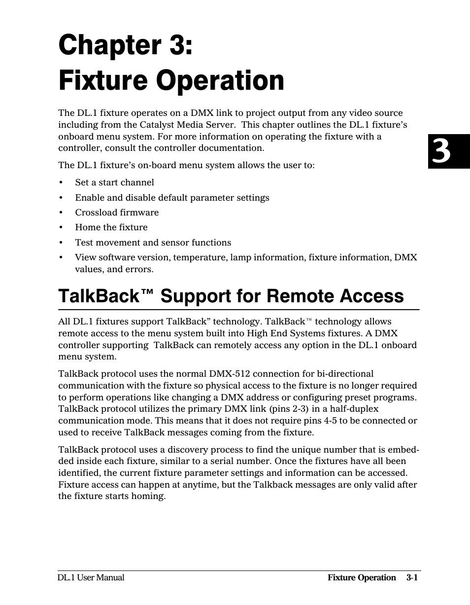 Chapter 3: fixture operation, Talkback™ support for remote access, Chapter 3 | Fixture operation, Talkback™ support for remote access -1 | High End Systems DL1 User Manual | Page 33 / 82