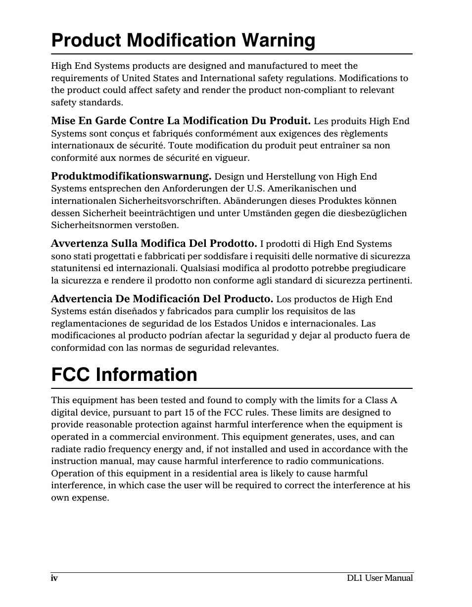 Product modification warning, Fcc information | High End Systems DL1 User Manual | Page 4 / 82