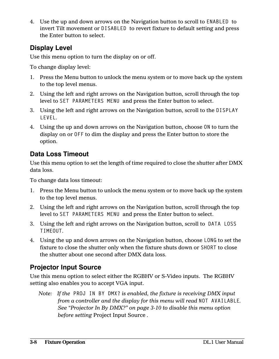 Display level, Data loss timeout, Projector input source | High End Systems DL1 User Manual | Page 40 / 82