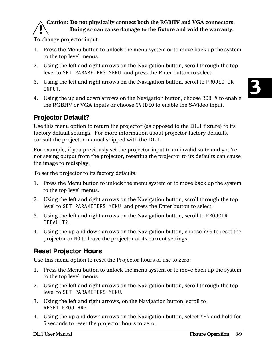 Projector default, Reset projector hours, Projector default? -9 reset projector hours -9 | High End Systems DL1 User Manual | Page 41 / 82