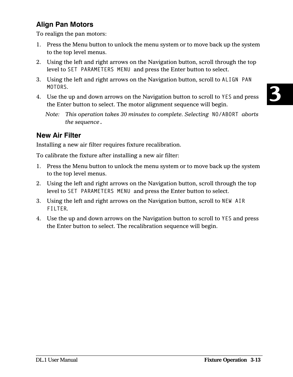 Align pan motors, New air filter, Align pan motors -13 | New air filter -13 | High End Systems DL1 User Manual | Page 45 / 82