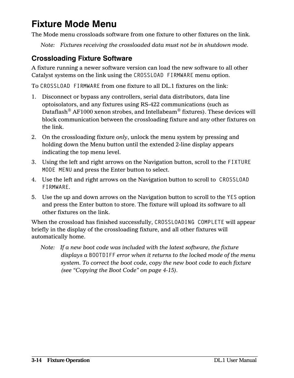 Fixture mode menu, Crossloading fixture software, Fixture mode menu -14 | Crossloading fixture software -14 | High End Systems DL1 User Manual | Page 46 / 82