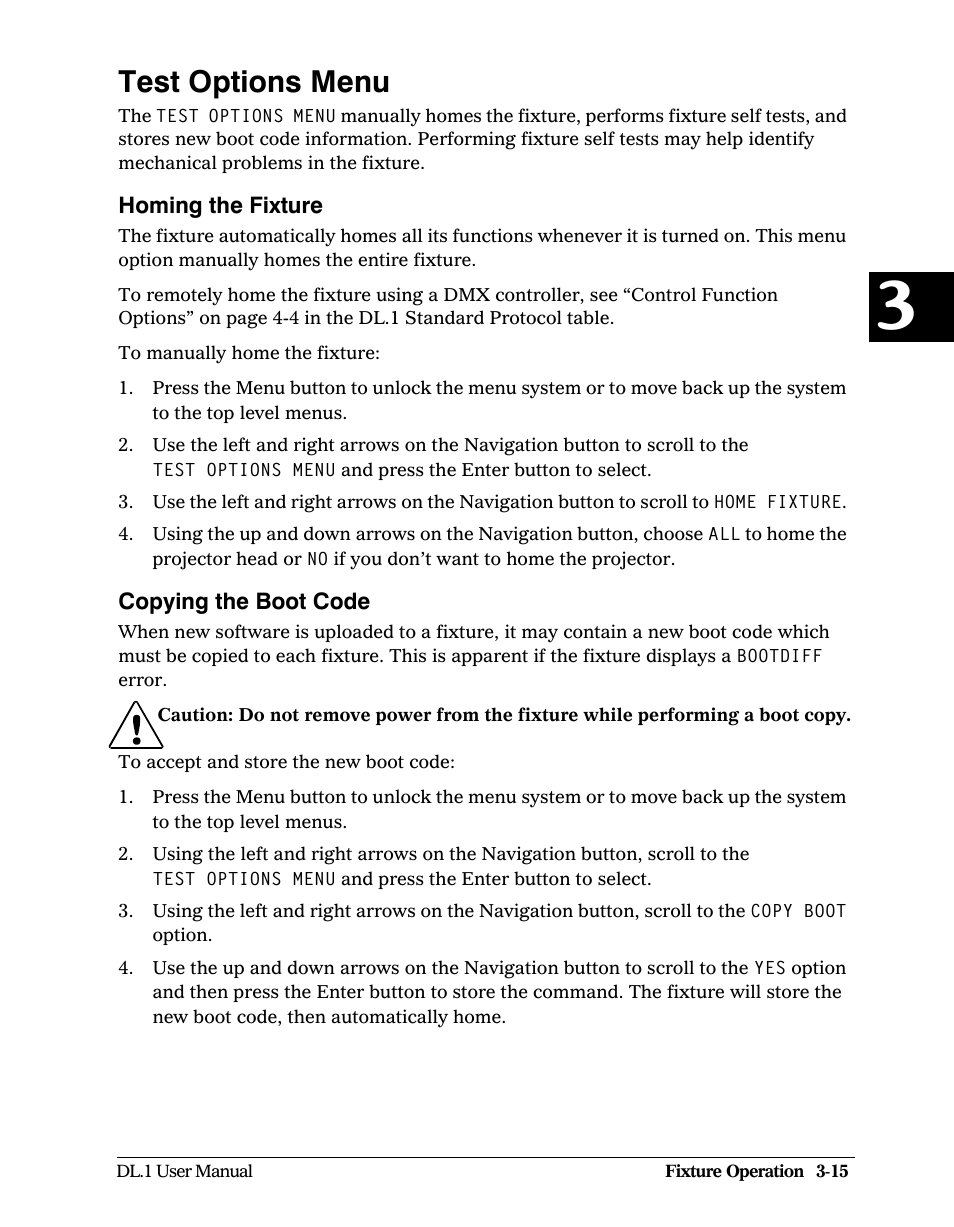 Test options menu, Homing the fixture, Copying the boot code | Test options menu -15, Homing the fixture -15 copying the boot code -15 | High End Systems DL1 User Manual | Page 47 / 82