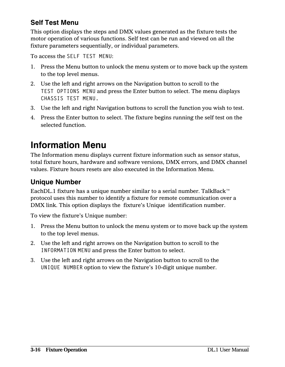 Self test menu, Information menu, Unique number | Self test menu -16, Information menu -16, Unique number -16 | High End Systems DL1 User Manual | Page 48 / 82