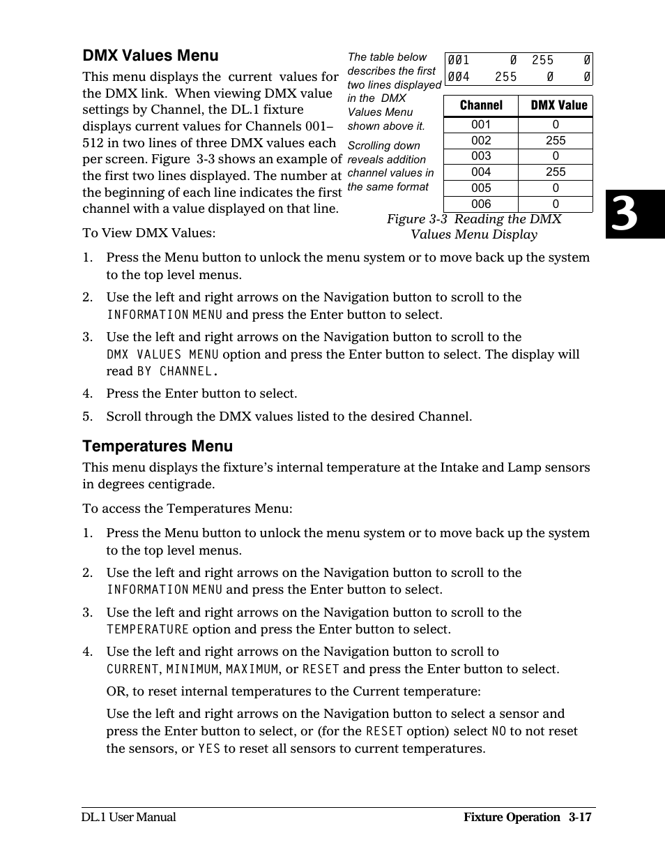 Dmx values menu, Temperatures menu, Dmx values menu -17 temperatures menu -17 | High End Systems DL1 User Manual | Page 49 / 82
