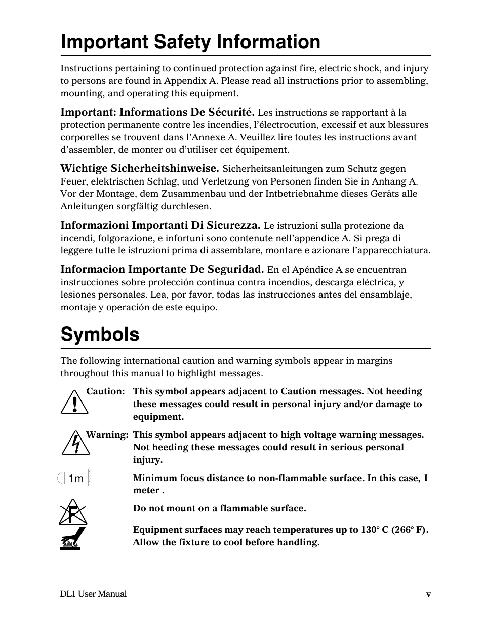 Important safety information, Symbols | High End Systems DL1 User Manual | Page 5 / 82