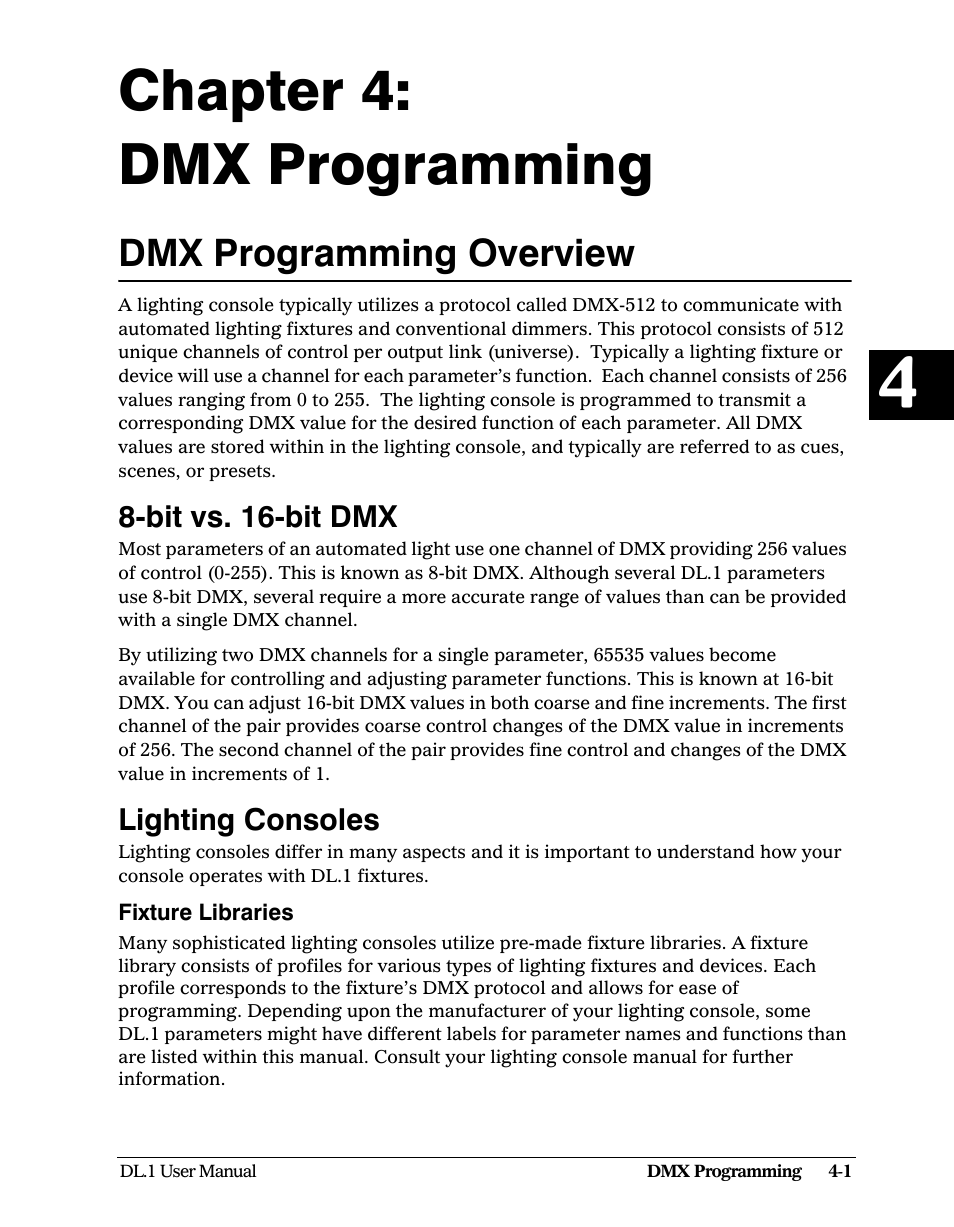 Chapter 4, Dmx programming, Dmx programming overview | Bit vs. 16-bit dmx, Lighting consoles, Fixture libraries, Dmx programming overview -1, Bit vs. 16-bit dmx -1 lighting consoles -1, Fixture libraries -1, Chapter 4: dmx programming | High End Systems DL1 User Manual | Page 53 / 82